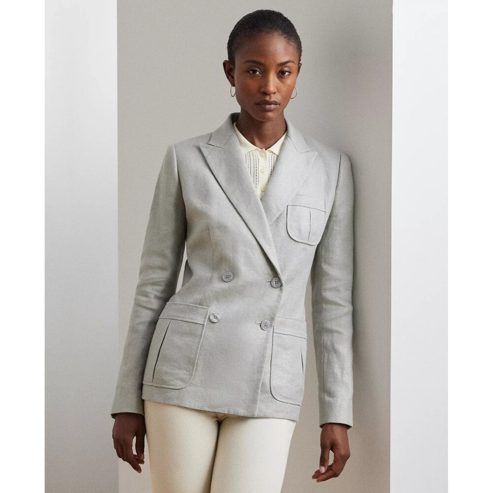 Lauren Ralph Lauren Women's Foiled Linen-Cotton Blazer Silver Foil Light Gray 6 - Picture 2 of 13
